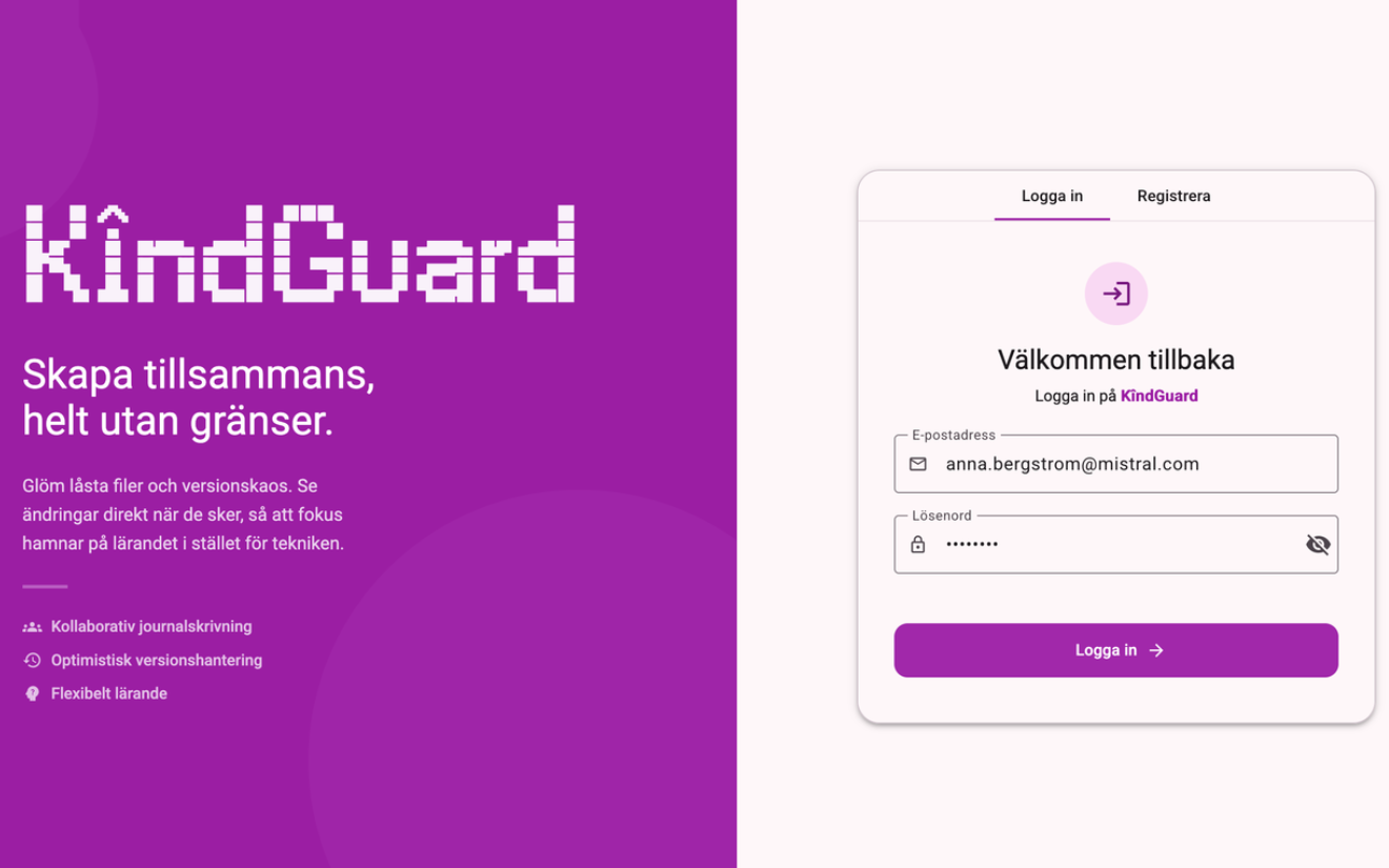 KindGuard login page with the tagline "Create together, without limits" and a sign-in form