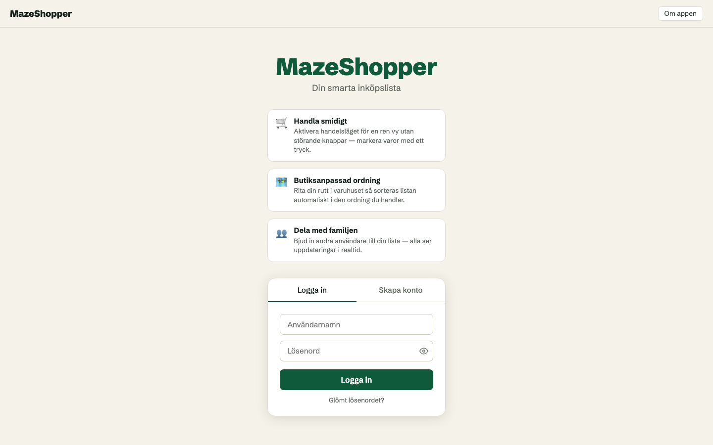 Mazeshopper front page with feature overview and login form