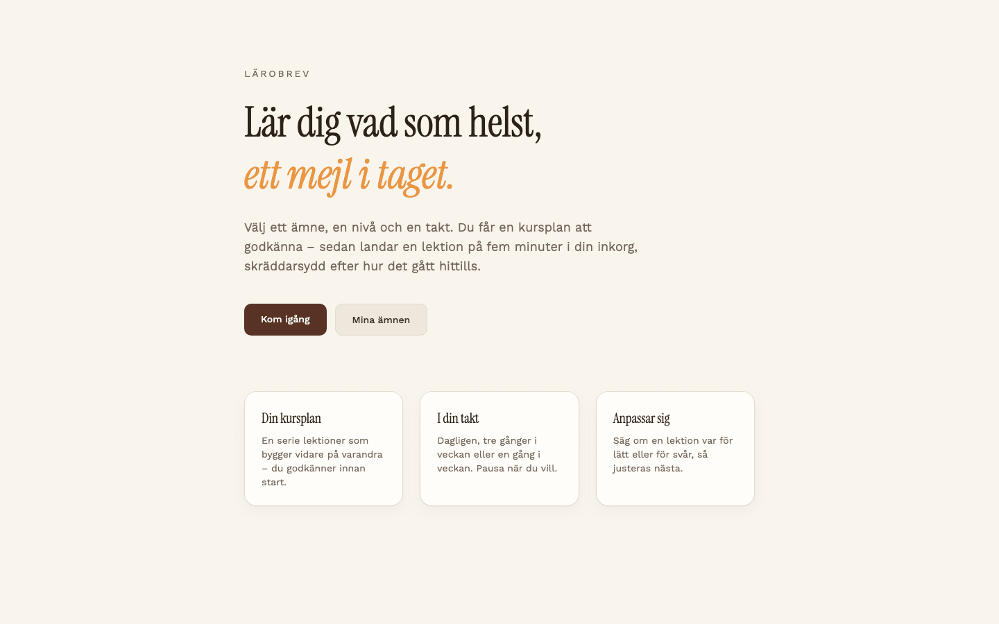 Smart Learner landing page: learn anything, one email at a time